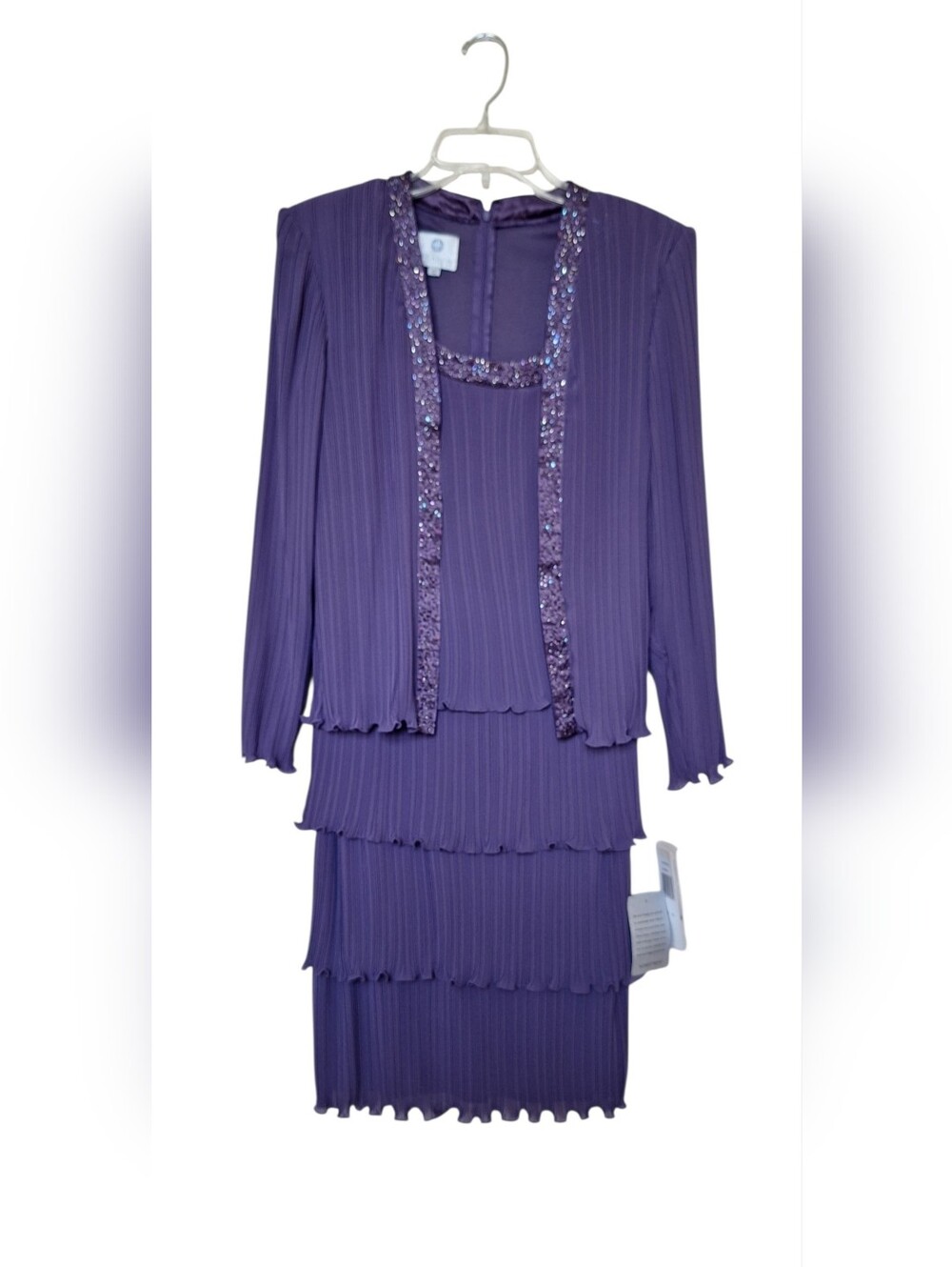 Vintage Patra Beaded Tiered Dress Plisse Sequin Lettuce Hem Lavender Formal NEW